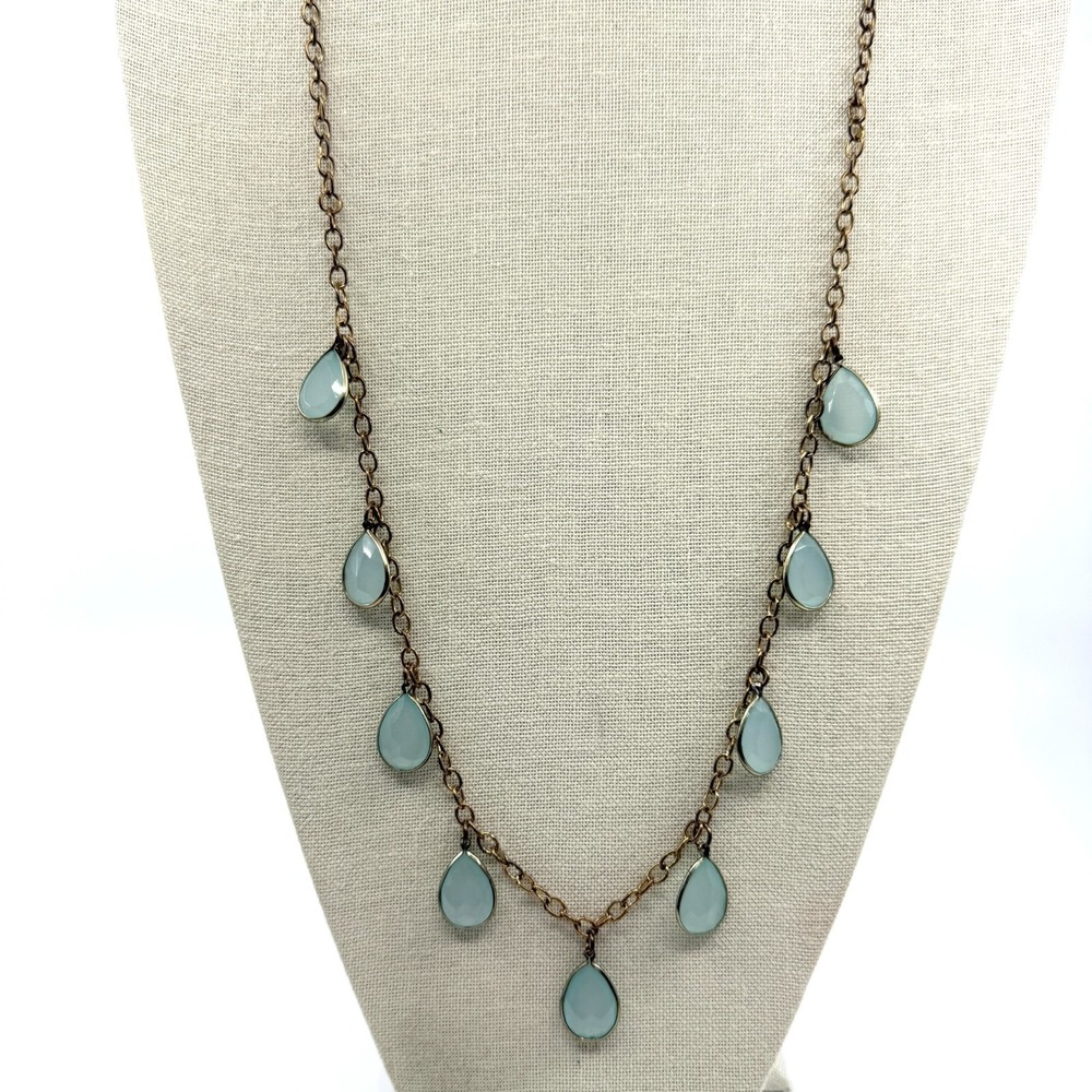Boho Delicate Drop Pendant Necklace Gold Chain Pale Blue Teardrop Gems